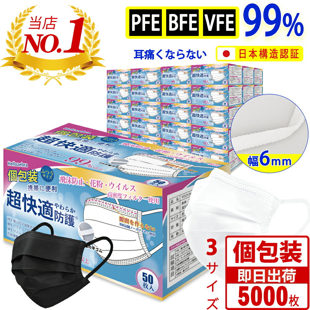 法人様限定価格！企業向け マスク 不織布マスク 個包装 5000枚(50枚×100箱) 使い捨て マスク 大人用 ふつう 175mm 男女兼用 3層マスク ..