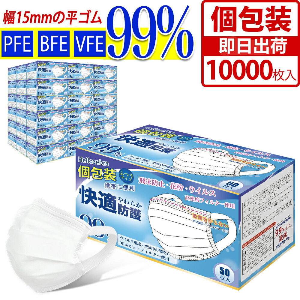 【大量限定価格・法人様】個包装 マスク 不織布 大人用 男女兼用 10000枚入 (50枚箱入×200箱) 使い捨てマスク 広耳幅 普通サイズ 白 冬マスク 防寒 三層構造 立体マスク ウイルス 飛沫防止 花粉対策 防護 防じんマスク 抗菌通気 超快適 耳痛くならない メガネ曇らない