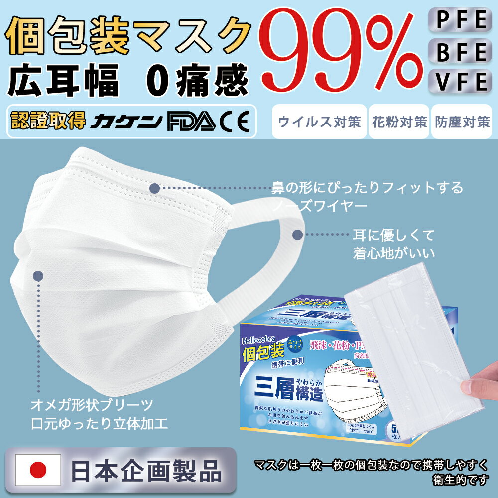 ★2個で11%OFF!耳紐改良 個包装 マスク 耳が痛くならない 不織布 マスク 大きめ 大人用 100枚 (50枚×2箱) 使い捨てマスク 小さめ 子供マスク 立体 Ω式 白 高学年 3層マスク 夏用 飛沫防止 ウイルス PM2.5 花粉対策 防護マスク 防じん 抗菌通気 超快適 日本品質