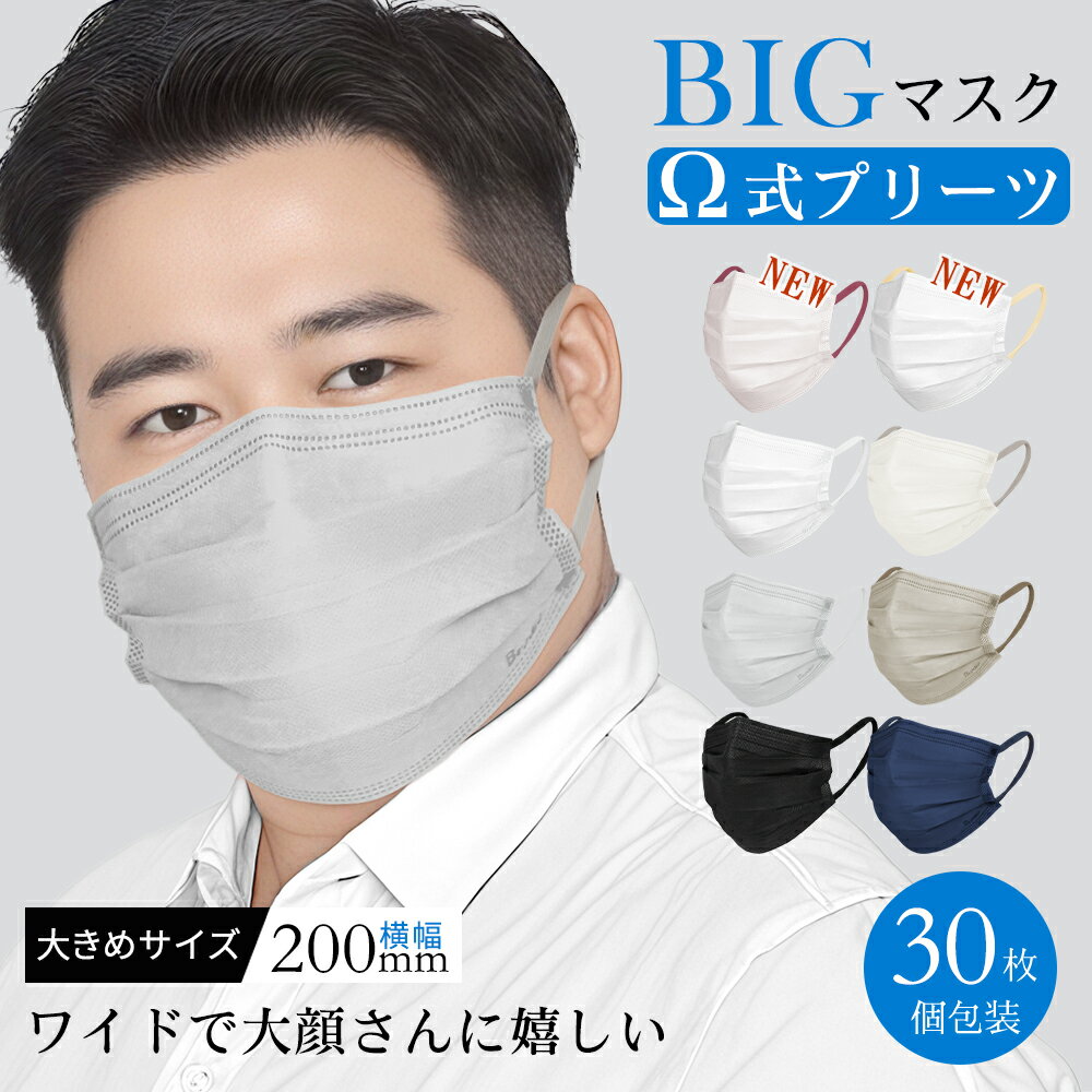 BlackFridayまとめ割クーポン★マスク 大きめ 不織布 Ω式 プリーツマスク 立体 冷感 個包装マスク 大きいサイズ メンズ 黒 カラーマスク 特大 使...