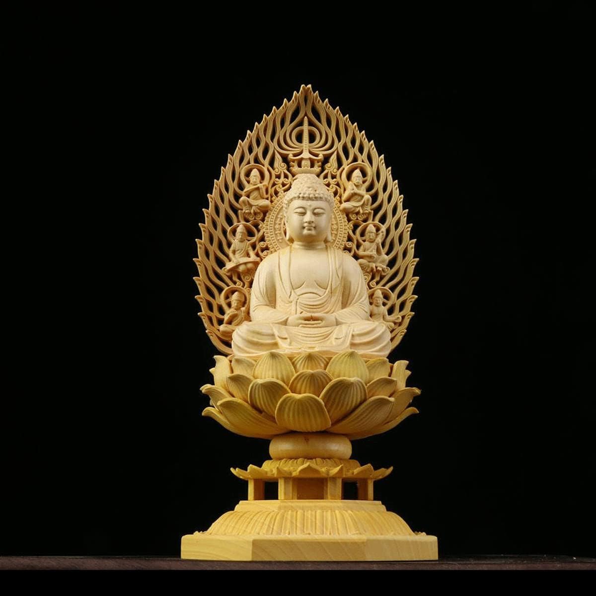 木彫り 仏像 釈迦如来 高級天然ツゲ木彫り 総高さ18.5cm 真言宗 本尊 仏像フィギュア コレクション 木彫り仏 大仏様の置物 美術品 仏壇仏像 八角台座 祈る 厄除け(3)