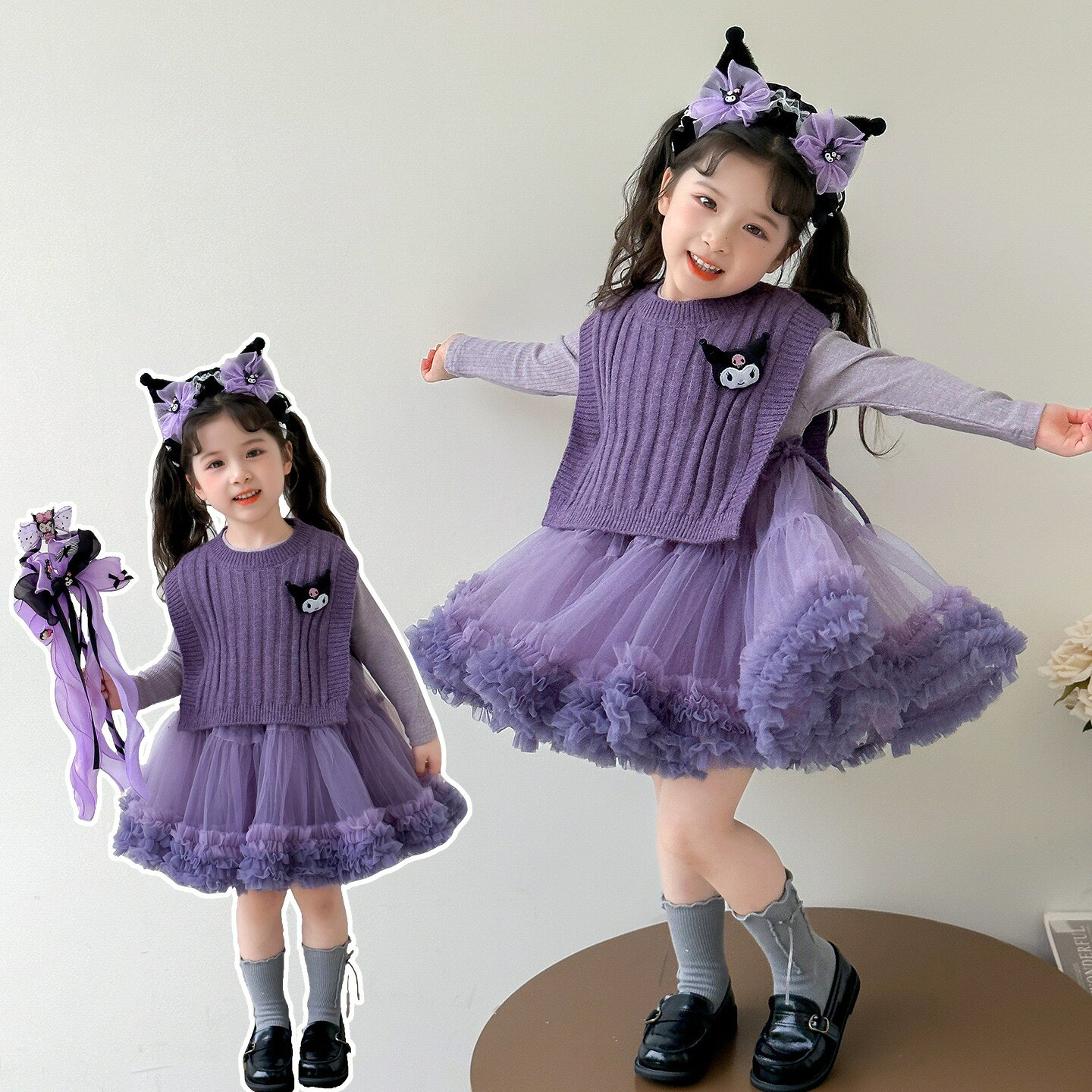 キッズ ワンピース 女の子 クロミ風 紫 パープル ニットベスト チュールスカート 長袖 重ね着風 フリル ふんわり ロリータ ゴスロリ 可愛い 子供服 おしゃれ お姫様 ハロウィン 仮装 コスプレ 発表会 撮影会 秋冬