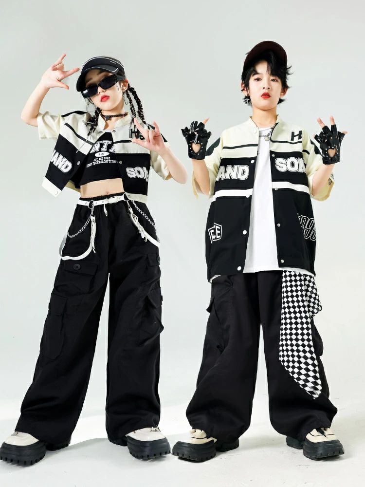 オフホワイト キッズ ダンス 機能風 ロングパンツ 女の子 男の子 衣装 ヒップホップ パンツセット セットアップ ジャズダンス HIPHOP トップス 半袖 ジャケット ダンス衣装 子供服 ジャッズ 応援団 練習着 ステージ衣装 演出服 ストリート