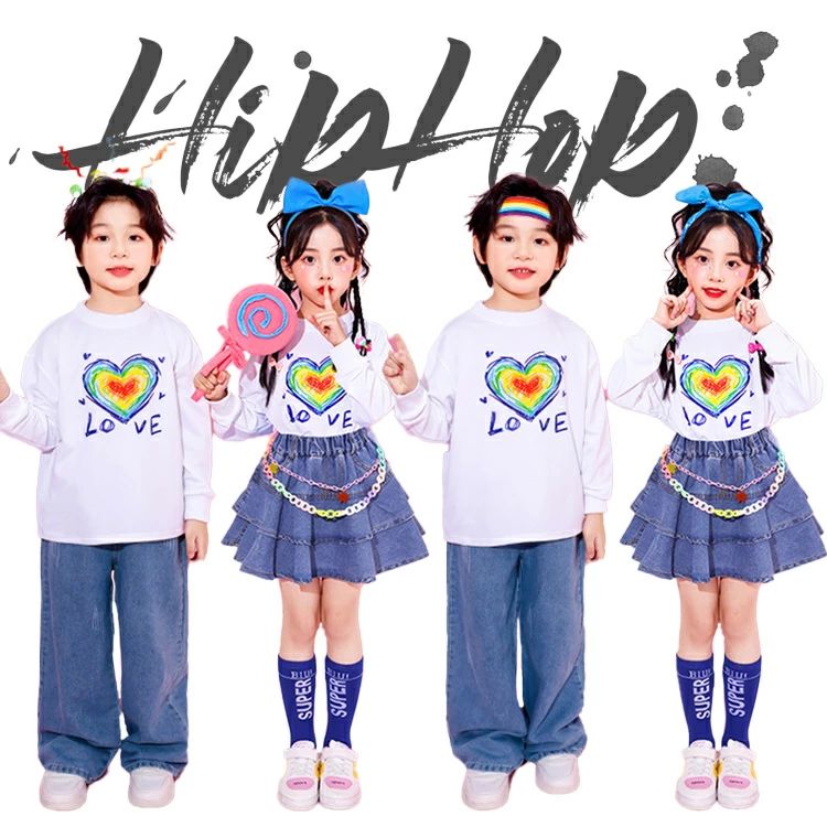 デニム キッズ ダンス トレーナー ヒップホップ 長袖 男の子 女の子 デニムスカート ズボン ハート柄 ..