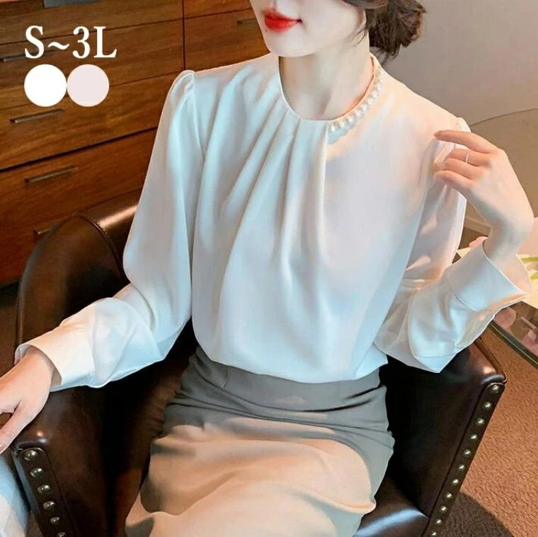 ブラウス　レディース 長袖　シフォン　パール　プリーツ　スーツ インナー　ボリューム袖 フォーマル ..