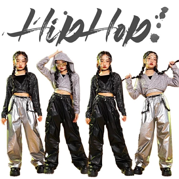 スパンコール ダンス キッズ 女の子 レザー へそ出し 長袖 ダンス衣装 ガールズ カーゴパンツ シルバー 長ズボン ブラック ダンスウェア 発表会 応援団 イベント ジュニア カッコイイ 普段着 jazz K-POP オシャレ DANCE 110~