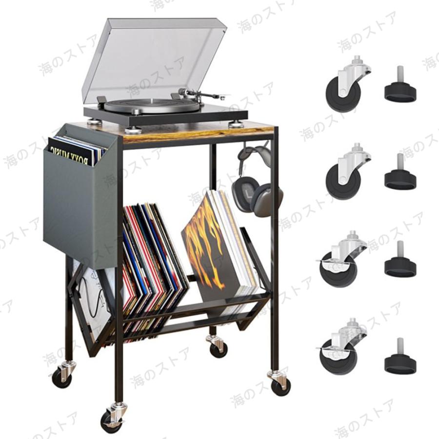 レコードプレーヤースタンド 2段レコード収納ラック レコードを200枚まで収納可能 ロック可能なホイー..