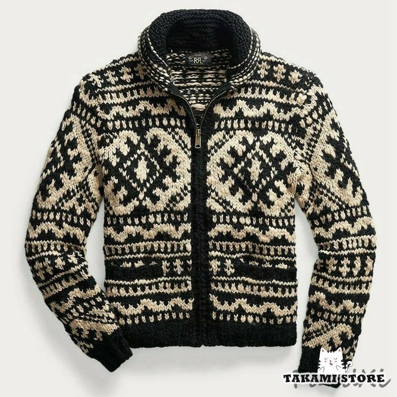 セーター メンズ 長袖 秋服 ローゲージ 冬服 保温 ジャカード カーディガン ハイネック ジップアップ ..
