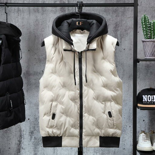 中綿ベスト メンズ ベスト ダウンベスト アウター フード付き ベストジャケット 軽量 無地 厚手 中綿入り 暖かい 防寒 スリム 秋冬 おし