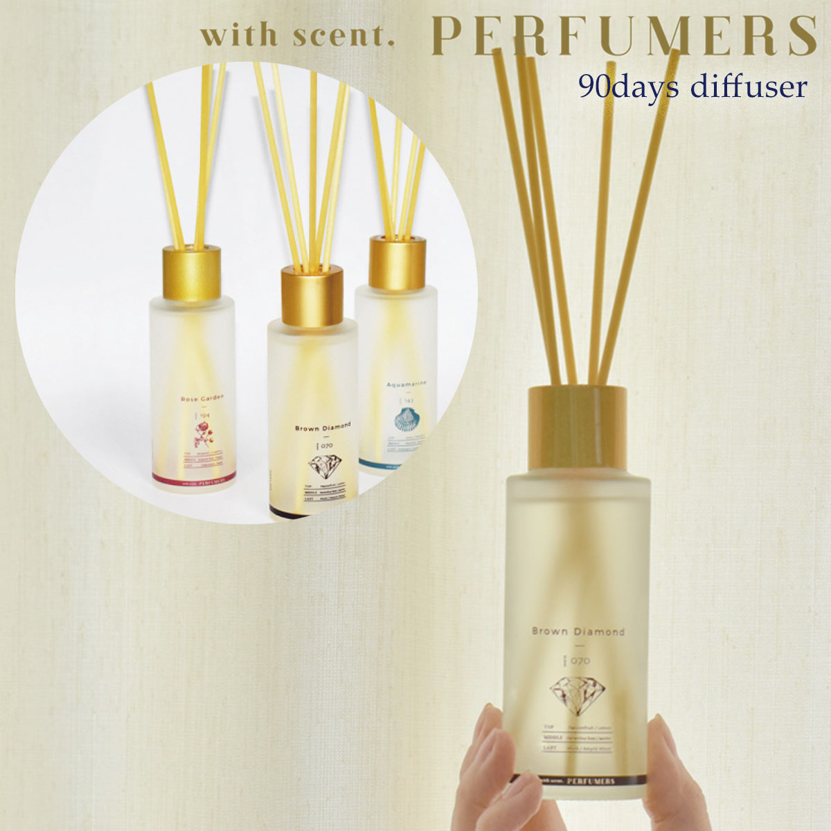 商品詳細 -Spec- 商品名 PERFUMERS 90days ディフューザー パッケージサイズ W65×H235×D65mm 内容量 100ml 持続時間 約2ヶ月半～3ヶ月　※香りの持続は使用環境によって異なります。 組成 ソルフィット、香料 香り詳細 ●ローズガーデン (Rose Garden) 　深みのあるローズの香りを中心にホワイトフローラルを加え清らかで　清潔なフラワーガーデンをイメージしました 　■配合した香りの数・・・194 種 　　トップノート:グレープフルーツ,レッドカラント,ルバーブ 　　ミドルノート:ブルガリアンローズ,ミュゲ,フリージア,カルダモン,ジンジャー 　　ラストノート:ピーチ,グレナデン,シダーウッド。 ●アクアマリン (Aquamarine) 　さわやかなマリンノートの中にさまざまなフルーツの香りを感じさせます。 　澄み切った海をイメージしました。 　■配合した香りの数：143 種 　　トップノート：シトラス,ブラックカラント,パイナップル,メロン,スイレン 　　ミドルノート：メイローズ,ジャスミン,ドイツスズラン,オーリス,ベチバーラズベリー,ピーチ,マルベリー 　　ラストノート：サンダルウッド,アンバー ●ブラウンダイアモンド (Brown Diamond) 　パッションフルーツを中心に甘い果物を利かせたシャンパンをイメージした香りです。 　■配合した香りの数：70 種 　　トップノート：パッションフルーツ,ハニーサックル 　　ミドルノート：ジャスミン,オスマンローズ 　　ラストノート：アミリスウッド,ムスク 注意事項 本品は食べ物・飲み物ではありません。 液体がこぼれると家具の塗装面等に変質がおこる場合があります。　家具、雑貨、衣類等に付着しないよう十分ご注意ください。 ボトルが転倒しないよう、安全で平らな場所に設置してください。 本品を使用目的以外でご使用にならないでください。 高温多湿・直射日光を避け、乳児・ペットの手の届かない所に保管してご使用ください。 肌に触れた場合、石けん等で洗ってください。症状が残る場合は医師の診断を受けてください。 香料の特性により多少液体の色が変化する場合がありますが使用上に問題ありません。 スティックは使用環境によって色の変化や色むらが発生することがありますが、使用上問題ありません。 液体が付着したスティックの部分が家具、雑貨、衣類等の色移りしやすいものに触れると着色する恐れがありますので十分にご注意ください。火気の近くでのご使用はおやめください。 使用環境によっては液体を早く吸い上げてしまう場合がありますが、スティックに香りが染み込んでいますので液体を吸収するほど香りが持続します。 液体が退色する可能性がありますが、使用上に問題ありません。 メイドインジャパン 日本の調香師がつくる香り。PERFUMERS(パフューマーズ)は、「調香師たちがつくる香りの調合」「製造」「パッケージング」まで、 全ての工程を日本国内でおこなうフレグランスブランドです。フロストボトルとゴールドキャップの組み合わせが高級感を一層演出。 インテリアとしても映えるので、1本置くだけで優雅な空間を演出してくれます。 一般的なディフューザーよりも長持ちする溶剤を使用しているので、一度置いたら3ヶ月程度の芳香が続きます。たとえ水に流しても有害物質として残らずに二酸化炭素として地球に還る、ソルフィットという溶剤を使用したフレグランスオイルで、地球にやさしくエコで長持ちします。 ※商品裏面の使用説明をよくご覧の上ご使用ください。 ※ご使用のモニターやブラウザの設定により、実際の色とは微妙に異なることがありますがご了承願います。 ご注文の際、タイミングにより他サイトにて売約済になる可能性がございます。ご理解のほど、よろしくお願いします。 ※予告なく廃番になる可能性がございます。ご了承ください。