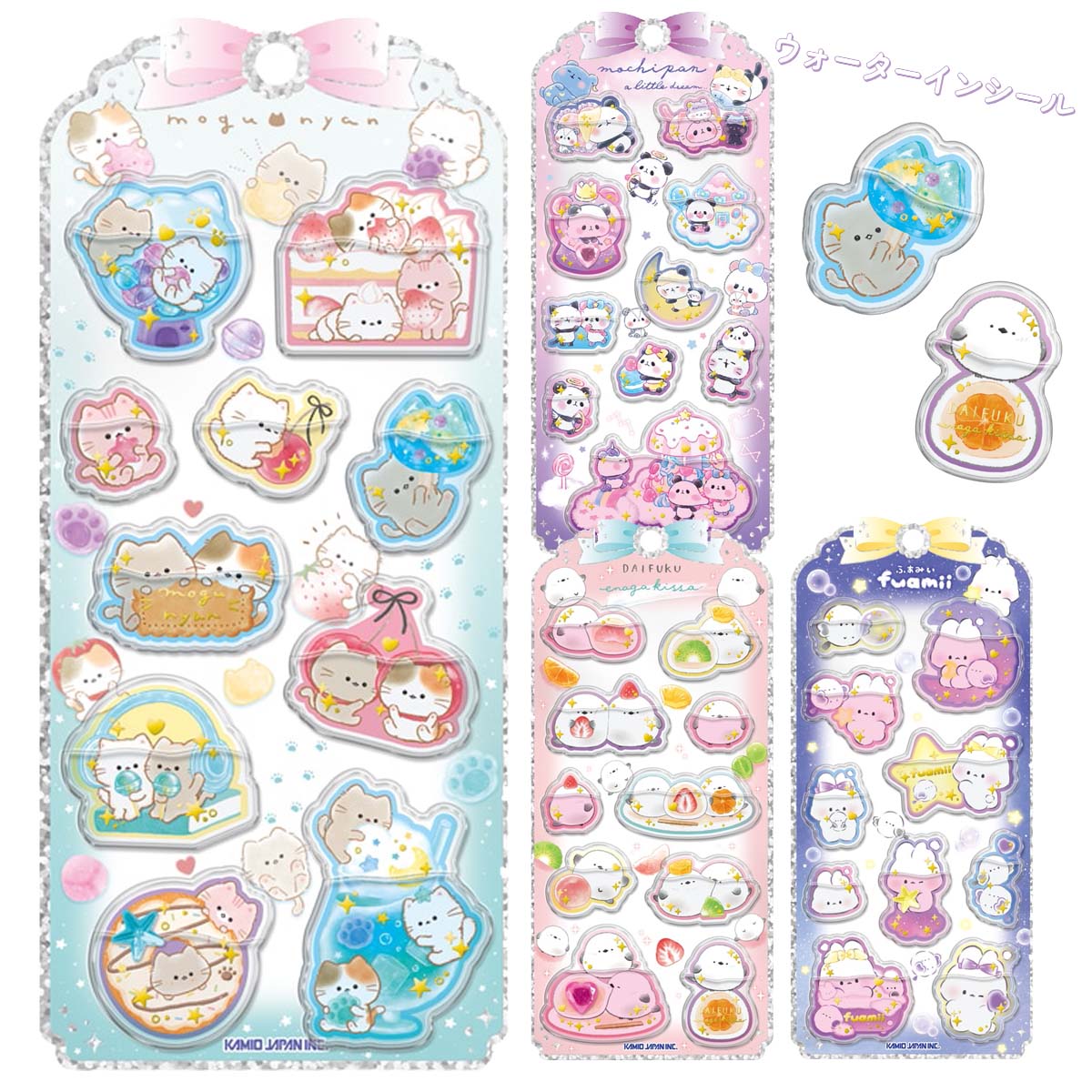 ウォーターインシール ストーンつき もぐにゃん もちもちぱんだ だいふくエナガ ふあみい [ 立体カプセルシール ステッカー キラキラ スパンコール 色水 デコ コレクション シール交換 かわいい 猫 パンダ シマエナガ アニマル キャラクター カミオジャパン ]のサムネイル
