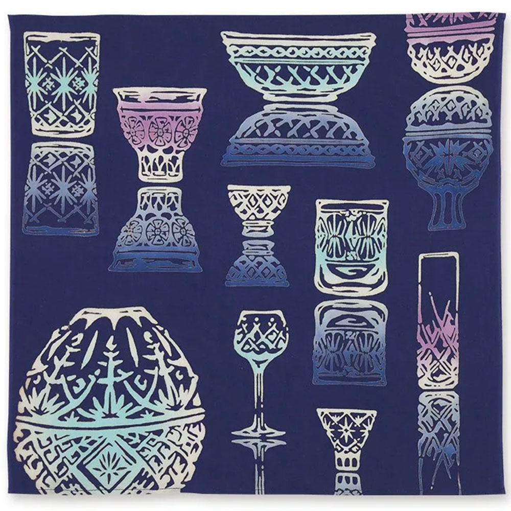 注染はんかち 切子硝子 kenema [ 日本製 綿100％ ハンカチ 手染め 大判 44cm角 切子ガラス 伝統工芸 かわいい ランチクロス ナフキン お弁当包み ネイビー 紺 ] sps