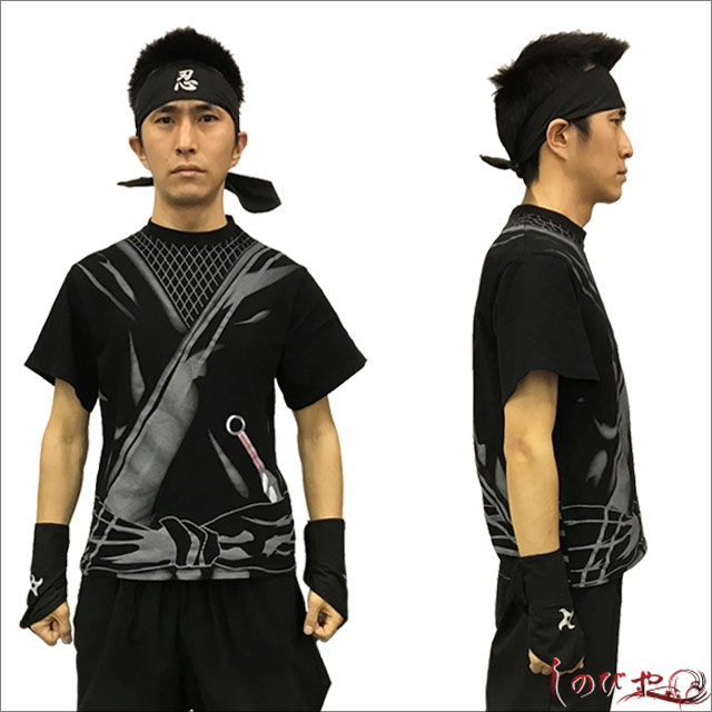 楽天しのびや楽天市場店大人プリント忍者Tシャツ[ 大人気 しのびや オリジナル 仮装 コスプレ クリスマス プレゼント 衣装 忍者 グッズ なりきり コスチューム 半袖 半そで 黒 装束 ] sps