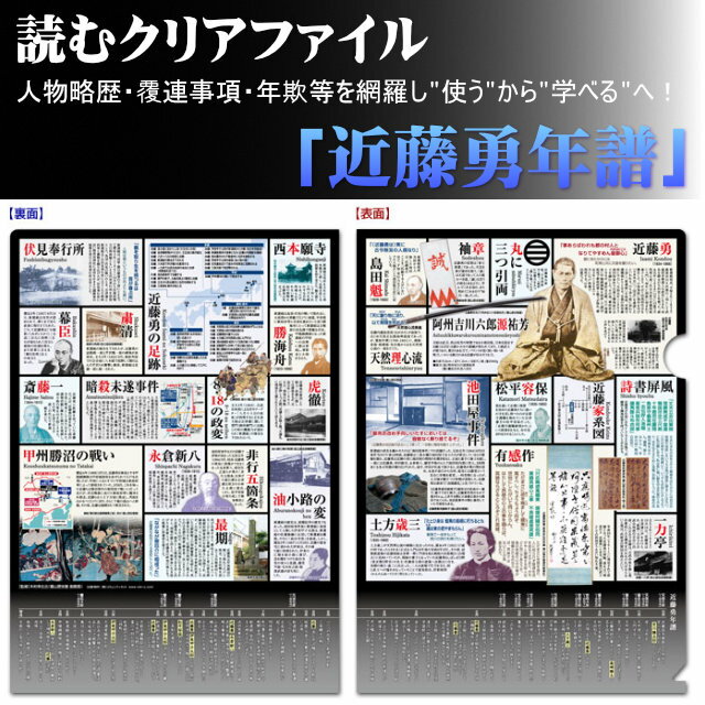 人物略歴・関連事項・年譜等を網羅した！読むクリアファイル 近藤勇年譜 見開きダブルポケット式 [ クリアホルダー 幕末グッズ 歴史資料 史料 解説 日本史 マニア ]　sps