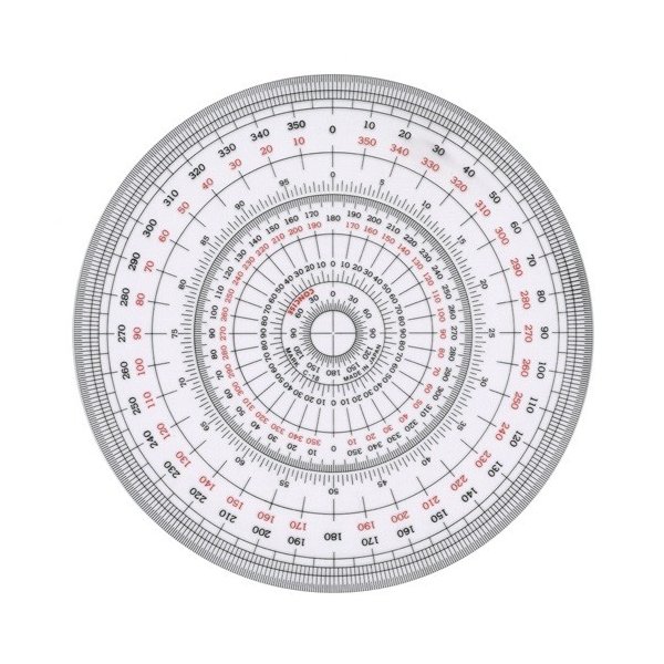 角度が読みやすく、マーキングもできるマット状の表面加工を施した分度器。1／2の角度目盛で、より細かく分度可能です。●全円タイプ●サイズ：18cm（W180×D180×厚さ1mm）