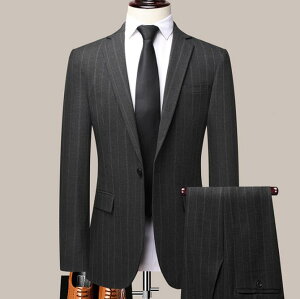2点セット 2色 ブラック/グレー 縞柄 紳士服 カッコイイ パンツスーツ 司会衣装 1つボダン シングルスーツ 成人式 ジャケット+ズボン 二次会 パーティー 背広 メンズスーツ フォーマルスーツ 面接 スリムスーツ 舞台 披露宴バーゲン