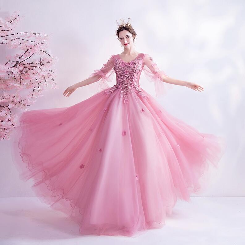 花嫁 フランス風 高級 花刺繍ドレス ウエディングドレス 結婚服 ピンク お姫様ドレス メッシュ 透け感 エレガント 成人式 送料無料 高品質 編み上げ 演出服 舞台 撮影 キレイめ 姫様 司会 スレンダー 披露宴 マキシ丈 細身ワンピース 発表会 同窓会 スパンコール XS~3XL