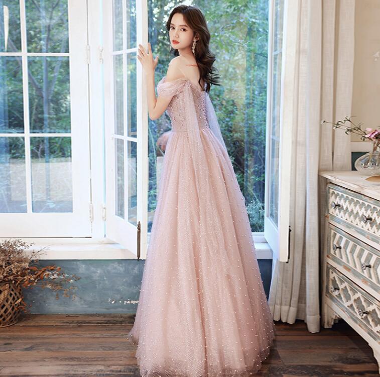 かわいい ピンク おしゃれ パール レディースドレス ロングワンピース Aライン オフショルダー 送料無料 無地 チュールスカート ノースリーブドレス 結婚式 パーティードレス 成人式 編み上げ レディースワンピース お呼ばれ XS S M L XL XXL XXXL