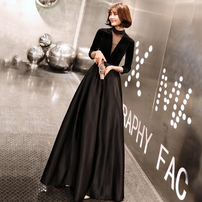 ウェディングドレス レディースドレス 送料無料 結婚式 パーティードレス ロングワンピース エレガント 着痩せ ファスナー ブラック おしゃれ 無地 チュールスカート Vネック 7分袖 音楽会 披露宴 発表会 Aライン 20代 30代 40代