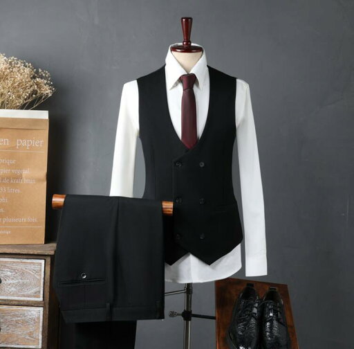 高品質 エレガント 紳士服 メンズスーツ パンツスーツ ベスト+パンツ 2点セット 上品 おしゃれ フォーマル カジュアル 通勤 ビジネス 結婚式 パーティー 宴会 披露宴 冠婚葬祭 大きいサイズ 一つボタン 5色 カーキ グリーン コーヒー ブラック グレー