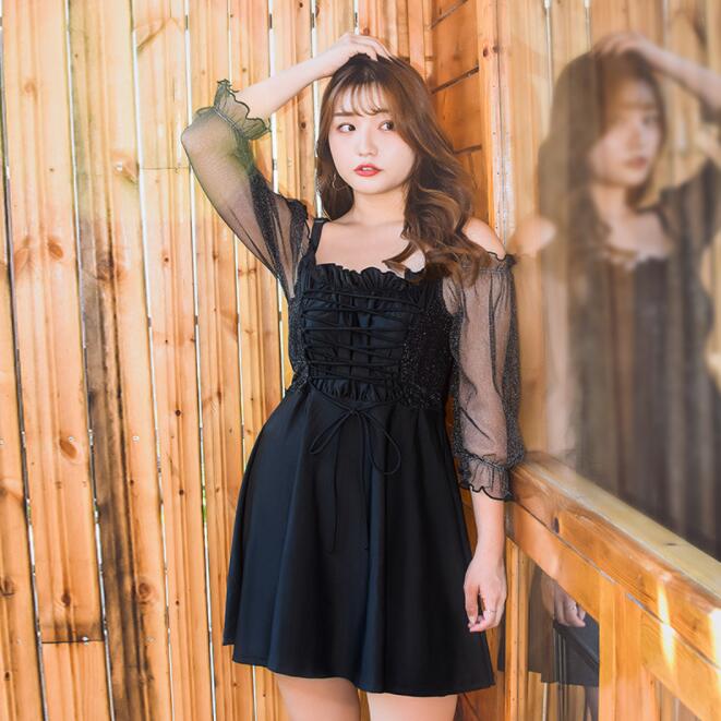 夏水着 ワンピース 紐 おしゃれ 送料無料 無地 ピンク ブラック 2色 キャミソール 半袖 胸パット付き ワイヤー入り パンツ付き 体型カバー 着痩せ 大人可愛い ママ ぽっちゃり オトナ女子 露出控えめ 保守 韓国風 温泉 水泳 プール 海 海水浴 リゾート 砂浜 大きサイズビーチ