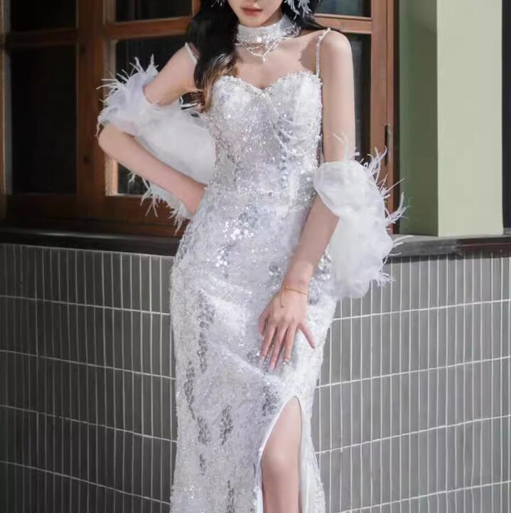 エレガント 上品 きれいめ レディースドレス ウェディングドレス 結婚式 パーティー 森系 ホルタネック スパンコール ロングドレス スリット ホワイト 司会 礼服 イブニングドレス 舞台 演出 パーティー 成人式 ファスナー 20代30代40代 XS S M L XL XXL