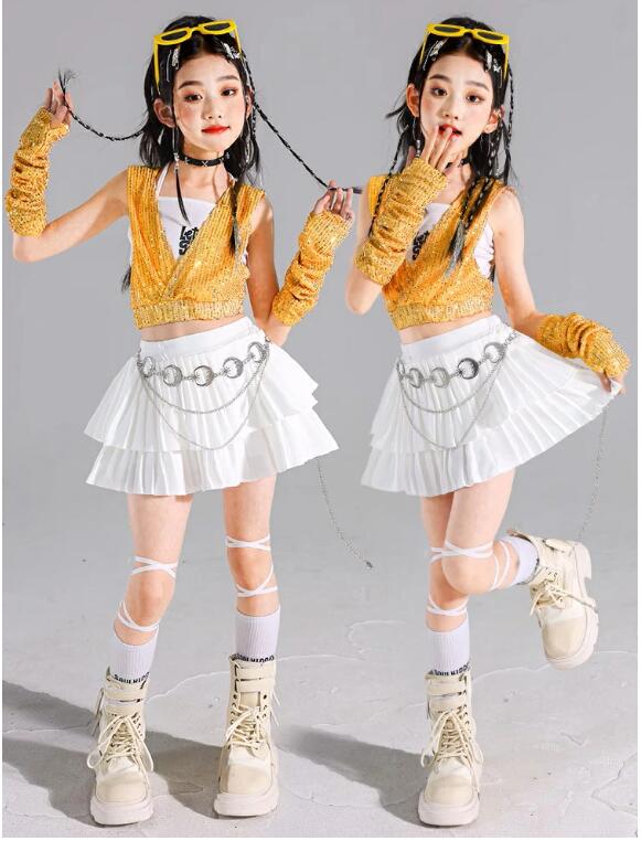 送料無料 キッズ ダンス衣装 セットアップ ガールズ 衣装 派手 韓国風 セットアップ スパンコール キラキラ衣装 へそ出し トップス パンツ 子供ダンス服 ダンスウェア ホワイト ブラック イエローキッズダンス衣装 5点セット 110 120 130 140 150 160 170