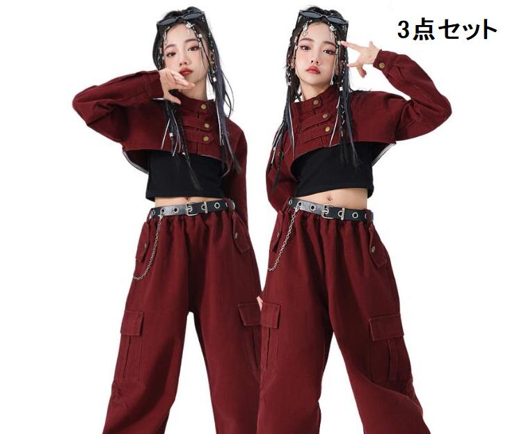 Rakuten - 送料無料 キッズダンス衣装 ヒップホップ セットアップ キッズ 赤 デニム トップス へそ出し タンクトップ ショート丈 ジャケットズボン カーゴパンツ デニム ジーンズ 子供 ダンス おしゃれ 発表会 衣装 子供服 女の子 韓国風 派手 レッド 120 130 140 150 160 170 180
