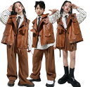 送料無料 お揃い 子供服 ダンス 衣装 キッズ セットアップ ヒップホップ フェイクレザー ダンス衣装 ジャケット パンツ キッズダンス衣装 男の子 女の子 セットアップ 子供 ダンス衣装 かっこいい 派手 hiphop ブラウン 4点セット 茶色 男女兼用 120-180cm
