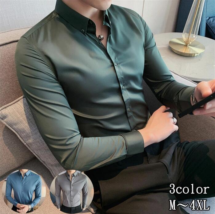 「送料無料」3色 メンズシャツ カジュアル トップス 長袖 ブラウス カラーシャツ 開襟シャツ 通勤 オシャレ 卒業式 シルク スリム 高級 パーティー スーツ用 サラリーマン 結婚式 卒業式 紳士服 二次会春夏秋冬 グリーン グレー ブルー M L XL 2XL 3XL 4XL