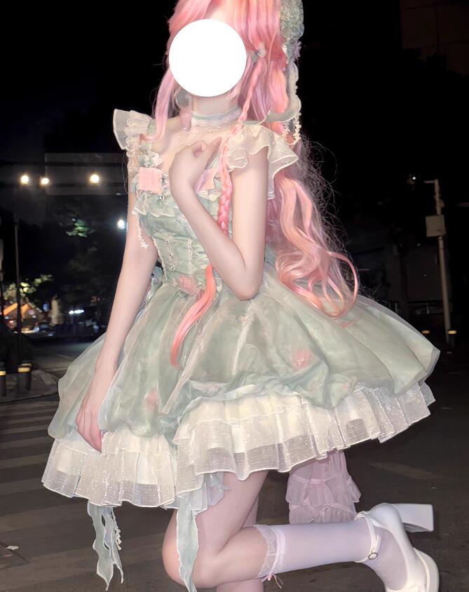 送料無料 Lolita ロリータドレス かわいい ジャンスカ ミニ丈 ジャンパースカート ダンス 姫様 ゴージャス ワンピース レース フリル 可愛い レディース ドレス 衣装 パーティー コスチューム イベント 舞台 S M L XL カチューシャ パニエ 4点セット グリーン トレーン