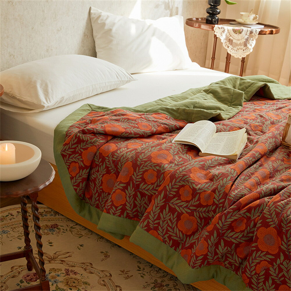 イタリア田園風 レトロブーム 花柄 二層ガーゼ 掛け敷布団 肌布団 四季適用 送料無料 ジャカード おしゃれ ふわふわ 高級 安眠 快適 抗菌 吸汗 通気 吸湿 防臭 ダブル クイーン キング
