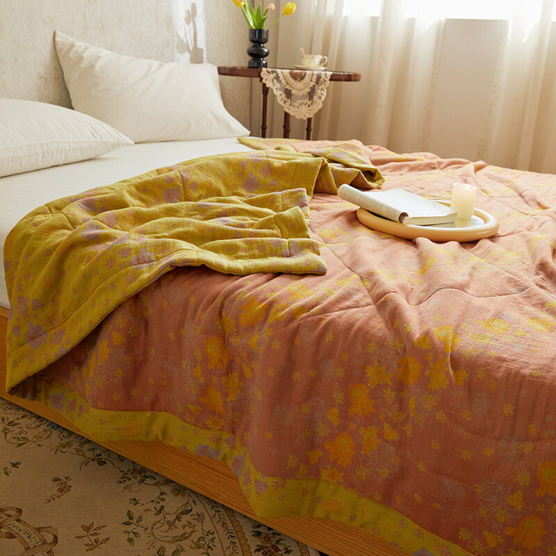 イタリア田園風 レトロブーム 花柄 二層ガーゼ 掛け敷布団 肌布団 四季適用 送料無料 ジャカード おしゃれ ふわふわ 高級 安眠 快適 抗菌 吸汗 通気 吸湿 防臭 ダブル クイーン キング