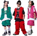 送料無料 お揃い ダンス 練習着 キッズ セットアップ カーゴ服 キッズダンス衣装 2点セット 子供服 ベスト ショートパンツ ロングパンツ ヒップホップ 衣装 男の子 女の子 ダンス衣装 キッズ K-POP 韓国風 ファッション グリーン/レッド ゆったり 110-180cm