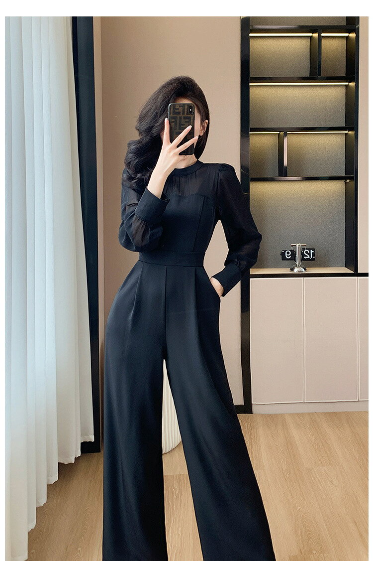 送料無料 オールインワン 新着 ハイウエスト 韓国風 ins 夏秋 長袖 シフォン レディース 品質良い エレガント 着痩せ パーティー 二次会 女子会 フォマール イベント 通勤通学 OL ガウチョパンツ ワイドパンツ ママ 20代/30代40代 ブラック ベージュ S M L XL XXL