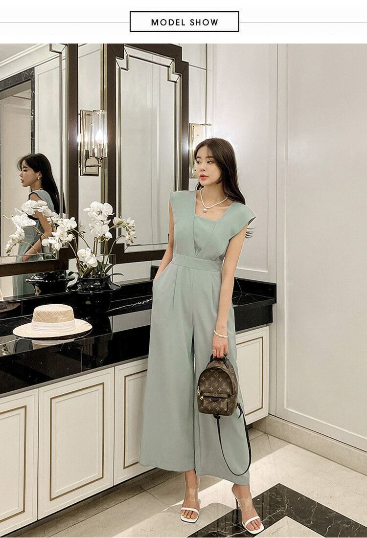 信利SHOPの送料無料 オールインワン 新着 ハイウエスト 韓国風 ins 夏秋 ノースリーブ レディース 品質良い エレガント 着痩せ パーティー 二次会 女子会 フォマール イベント 通勤通学 OL ガウチョパンツ ワイドパンツ ママ 20代/30代40代 グリーン S M L XL｜アングル2