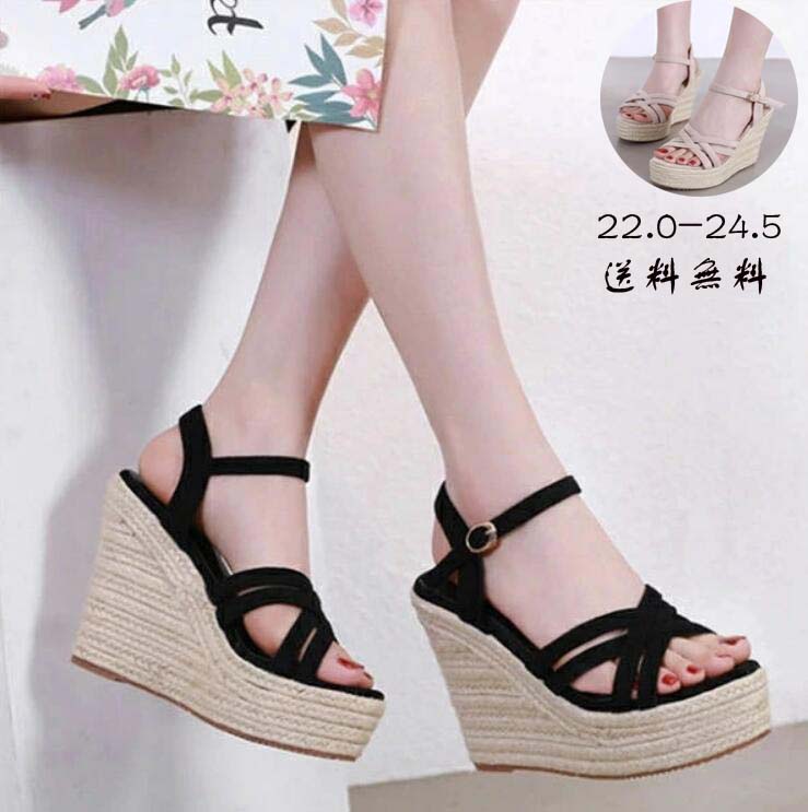 送料無料 サンダル ウエッジソール 厚底ヒール ストラップ 11センチ 超美足 送料無料 ジュートサンダル ウエッジ 厚底 春夏 履きやすい 疲れない 上品 通勤 オフィス クロス ウェッジソール ブラック ベージュ 22.0 22.5 23.0 23.5 24.0 24.5