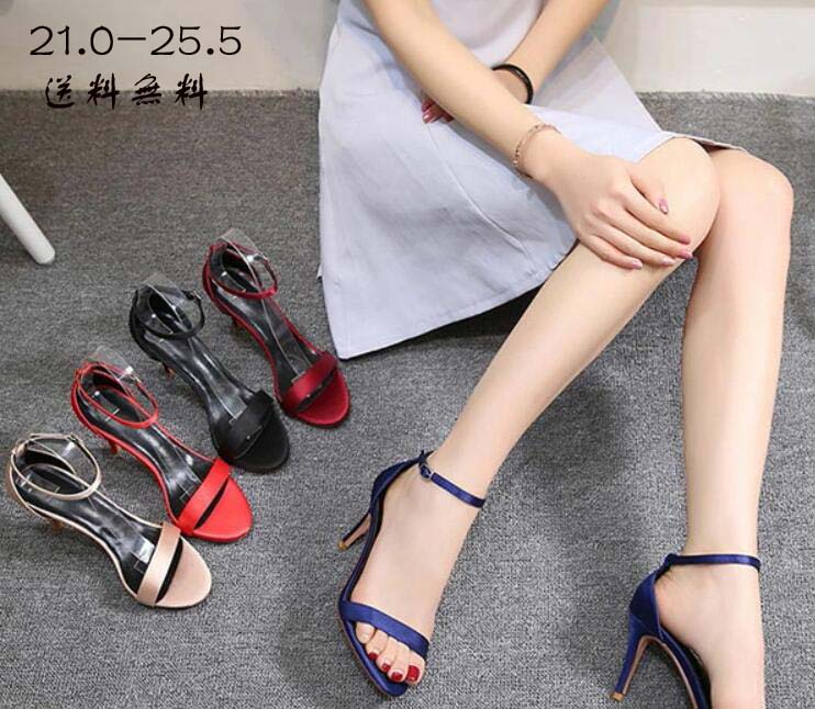 送料無料 サンダル レディース ナローストラップサンダル フェミニン ヌーディー 華奢 細紐 カラーサンダル アンクルベルト ヒール 8cm ブルー 黒 レッド ベージュ アンクルストラップ オープントゥ 21.0 21.5 22.0 22.5 23.0 23.5 24.0 24.5 25.0 25.5