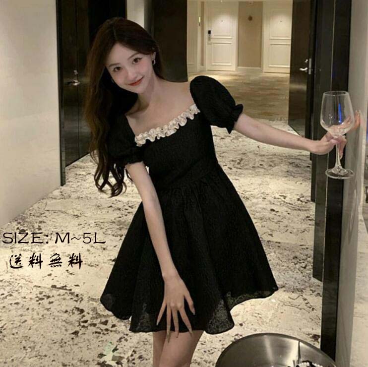 送料無料 ワンピース 大きいサイズ パフスリーブ バックリボン 半袖 大人かわいい ぽっちゃり 夏ワンピ 着やせ Aライン M L LL 3L 4L 5L