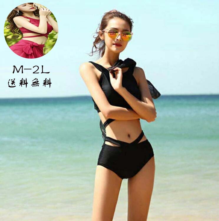 送料無料 ビキニ パレオ 水着 レディース セクシー かわいい パレオ付き 3点セット 上下セット プチ胸 小さいサイズ 海 ビーチ 沖縄 プール パッド ワインレッド ブラック M L 2L