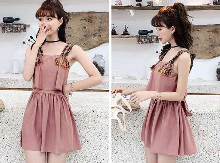 送料無料 水着 服みたいな レディース 2点セット ワンピース水着 キャミソール リボン 無地 シンプル かわいい タンキニ 体型カバー ショートパンツ リボン 露出控えめ 水陸両用 海 プール 温泉 韓国 大人可愛い 韓国風 イエロー ピンク グリーン M L 2L