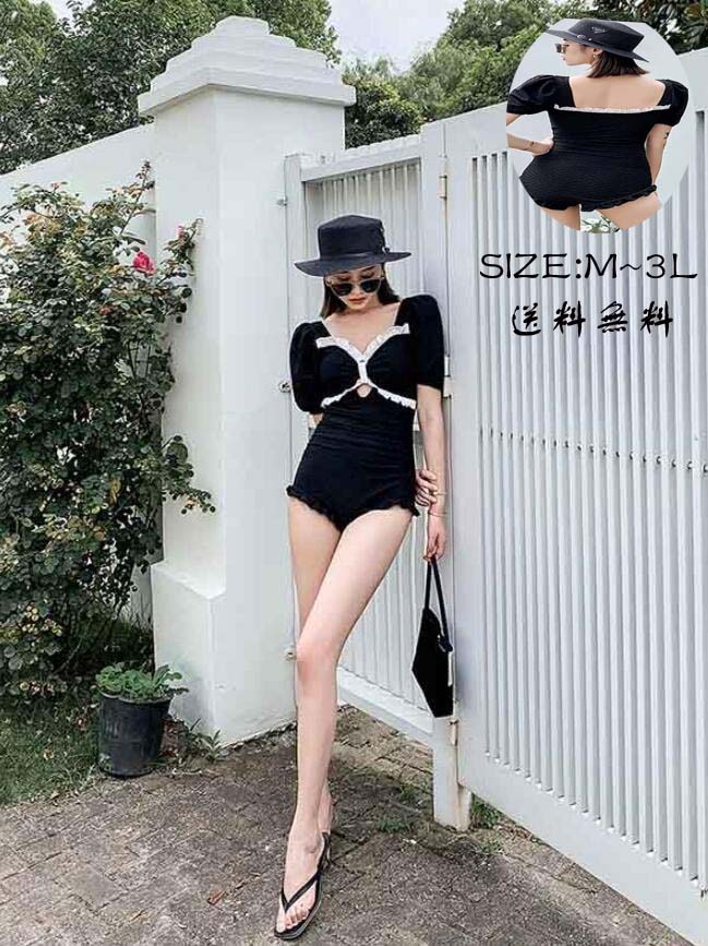 送料無料 ワンピース水着 袖あり レディース 水着 バブルスリーブ ノンワイヤー フリル セクシー オールインワン 着痩せ 水陸両用 盛れる バブルスリーブ ぽっちゃり 2L 3L ブラック 韓国 可愛い 温泉 ビーチ プール 海 水泳