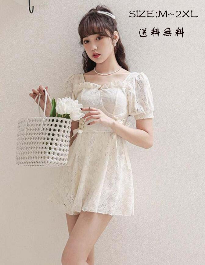 送料無料 ワンピース水着 水着 半袖 フリル 透け感あり リボン ワイヤーなし パッド付 レディース 着瘦せ シンプル セクシー 写真映え 撮影用 海 夏 サマー プール リゾート かわいい 旅行 温泉 大人 女性用 ジュニア 学生 女の子 ベージュ M L XL 2XL