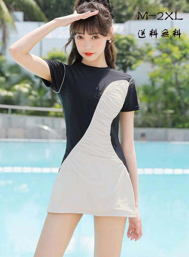 送料無料 ワンピース水着 服みたいな 水着 2点セット 半袖 シンプル ワイヤーなし パッド付 レディース 着瘦せ セクシー 写真映え 撮影用 海 夏 サマー プール リゾート かわいい オシャレ 旅行 温泉 大人 女性用 ジュニア 学生 女の子 ブラック M L XL 2XL