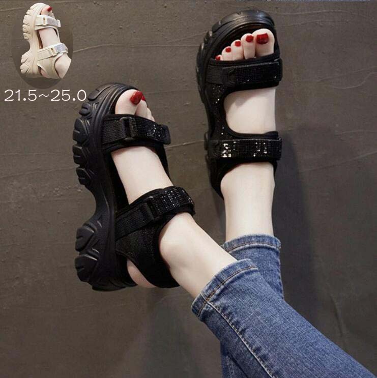 送料無料 スポーツサンダル 厚底 レディース ヒール約5cm ベルクロ ベルト コンフォート 歩きやすい 軽..