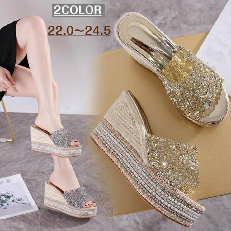 送料無料 厚底 サンダル ミュール ジュートサンダル キラキラ 厚底サンダル 2color シルバー ゴールド ファッション ウエッジソール サンダル 普段履き かかとなし 歩きやすい サマー カジュアル かわいい 夏 22.0 22.5 23.0 23.5 24.0 24.5
