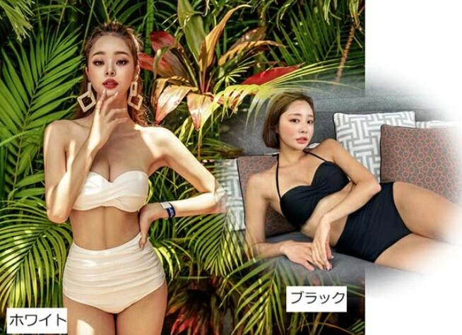 送料無料 水着 レディース ビキニ シンプル ホルターネック バンドゥビキニ 無地 体型カバー セパレート ハイウエスト セクシー ブラック 温泉 プール 海 リゾート かわいい 韓国風 大人 M L 2L