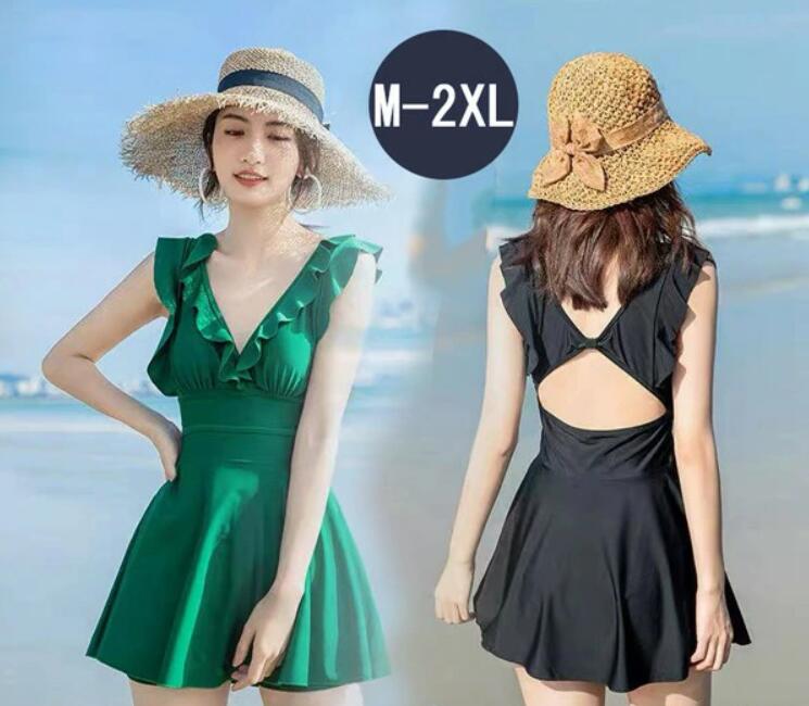 送料無料 ワンピース水着 Vネック 水着 肩出し パッド付 レディース 着痩せ シンプル 無地 フリル セクシー 写真映え 撮影用 海 夏 サマー プール リゾート かわいい 旅行 温泉 大人 女性用 母の日 大きいサイズ ブラック グリーン M L XL 2XL