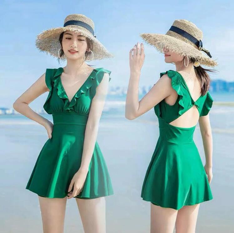 送料無料 ワンピース水着 Vネック 水着 肩出し パッド付 レディース 着痩せ シンプル 無地 フリル セクシー 写真映え 撮影用 海 夏 サマー プール リゾート かわいい 旅行 温泉 大人 女性用 母の日 大きいサイズ ブラック グリーン M L XL 2XL