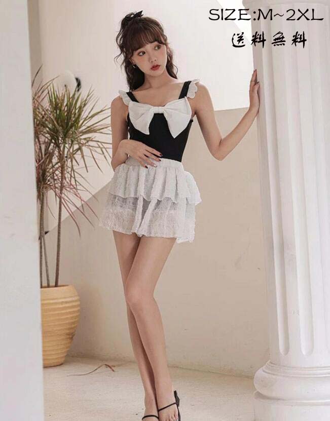 リボン付き水着｜送料無料 ワンピース水着 水着 2点セット 袖なし フリル ビッグリボン ワイヤーな...